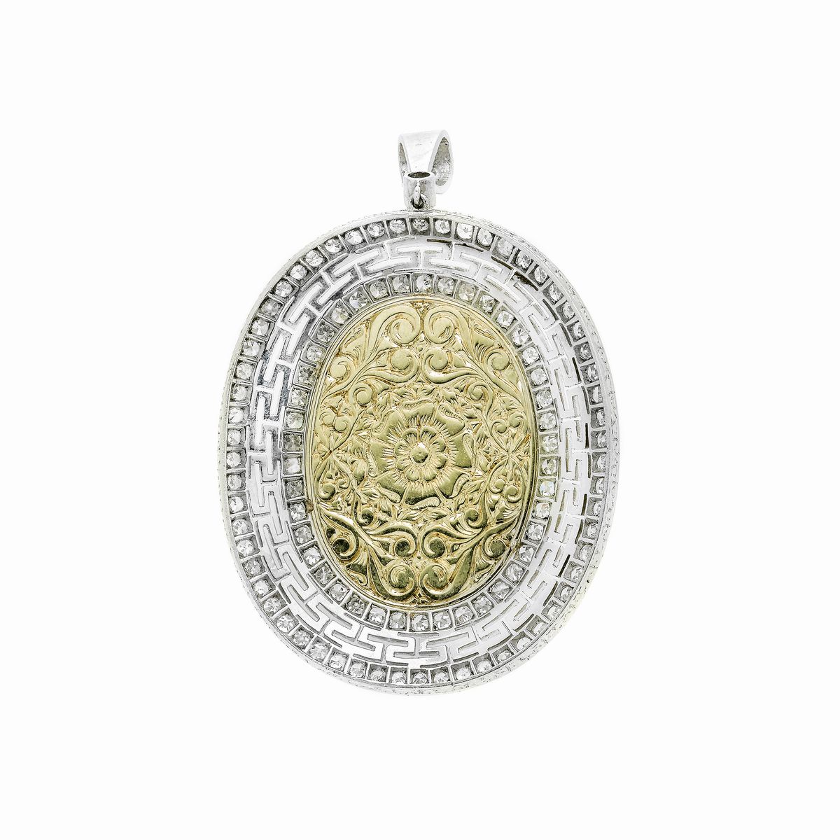 Pendente con Cammeo in Oro Bianco, Diamanti e Corallo Rosa