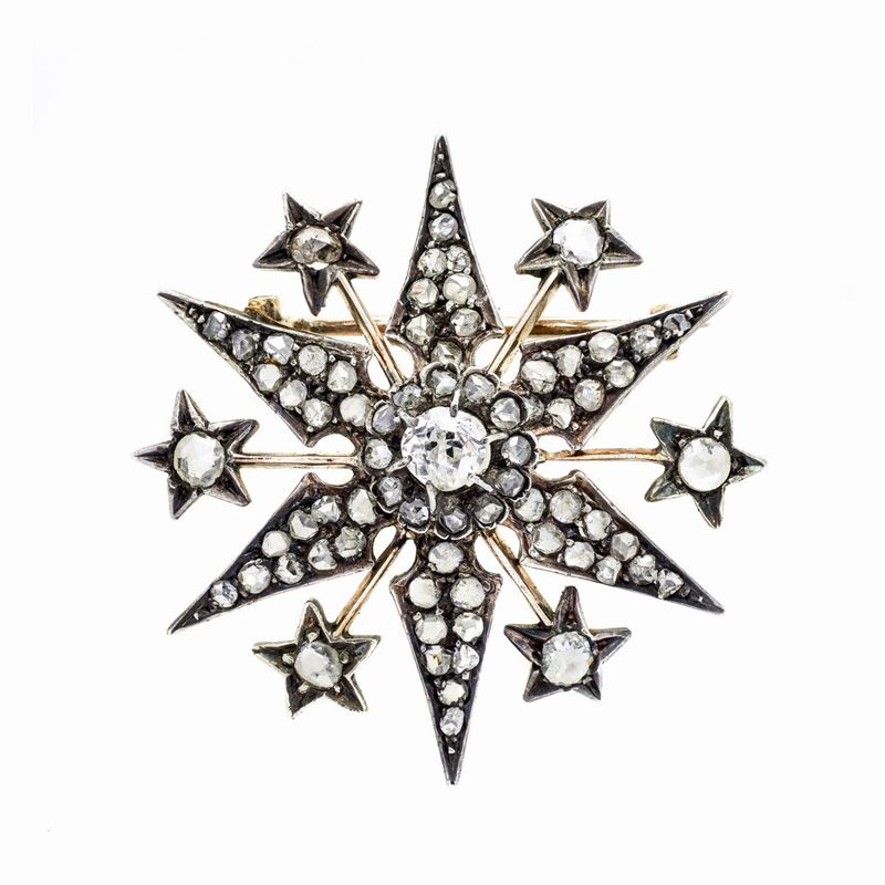Spilla Stella in Oro a Basso Titolo, Argento e Diamanti