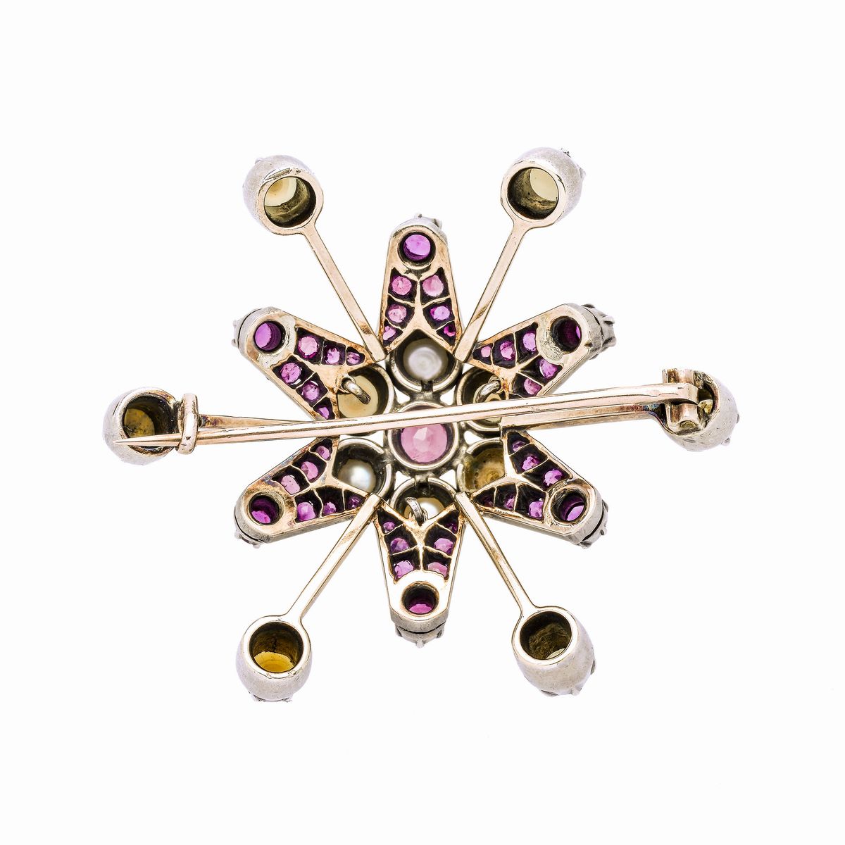 Spilla Stella in Oro a Basso Titolo, Argento, Rubini e Perle