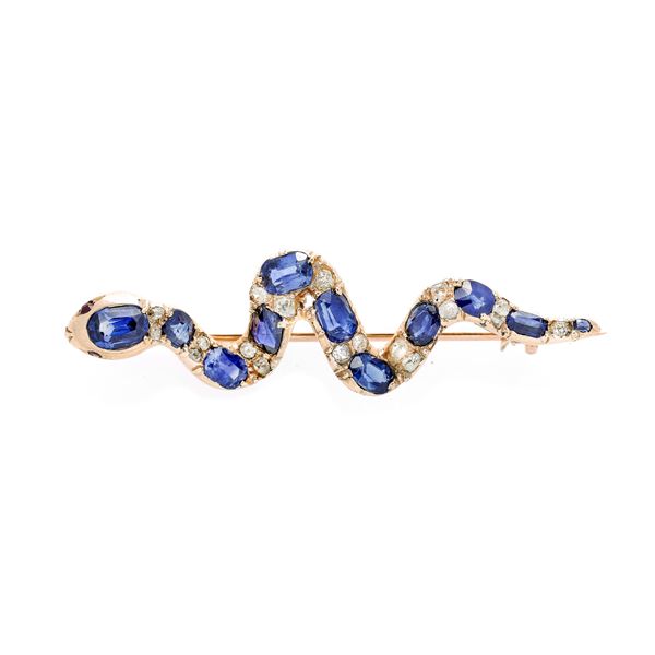 Snake brooch in low title gold, diamonds and sapphires