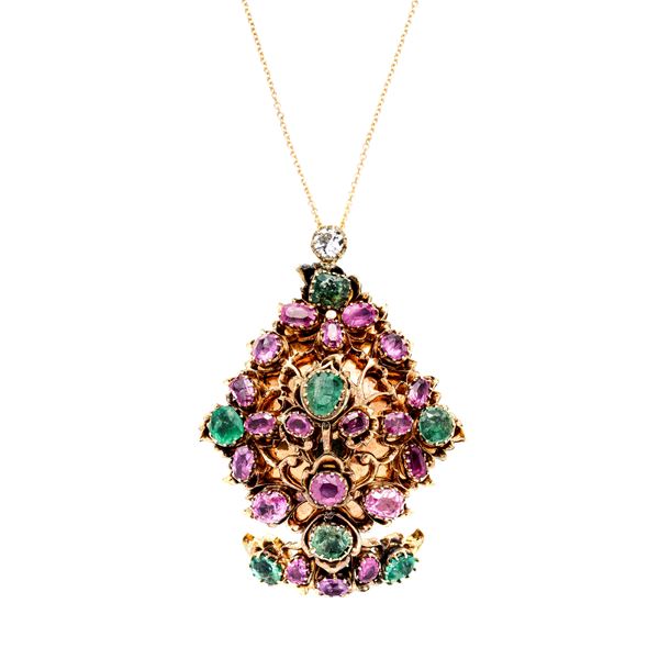 Pendant in yellow gold, emeralds and natural pink sapphires