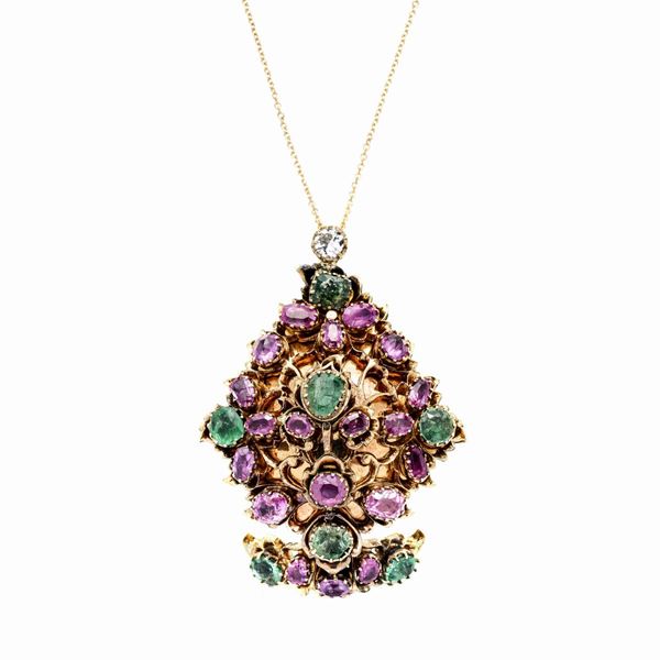 Pendente in oro giallo, smeraldi e zaffiri rosa naturali