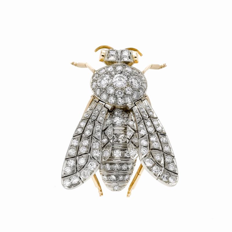 Grande Spilla-pendente Cicala in Oro Giallo e Diamanti