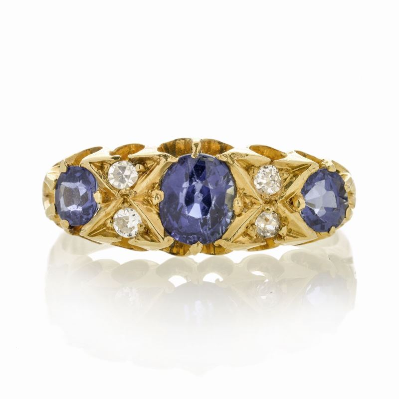 Anello in Oro Giallo, Diamanti e Zaffiri