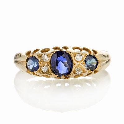 Anello in Oro Giallo, Diamanti e Zaffiri