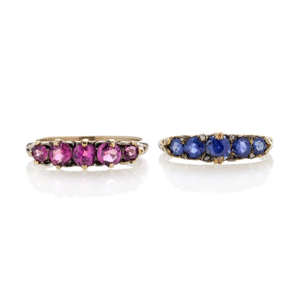 Lot of two rings in yellow gold, silver, light blue stones and pink stones