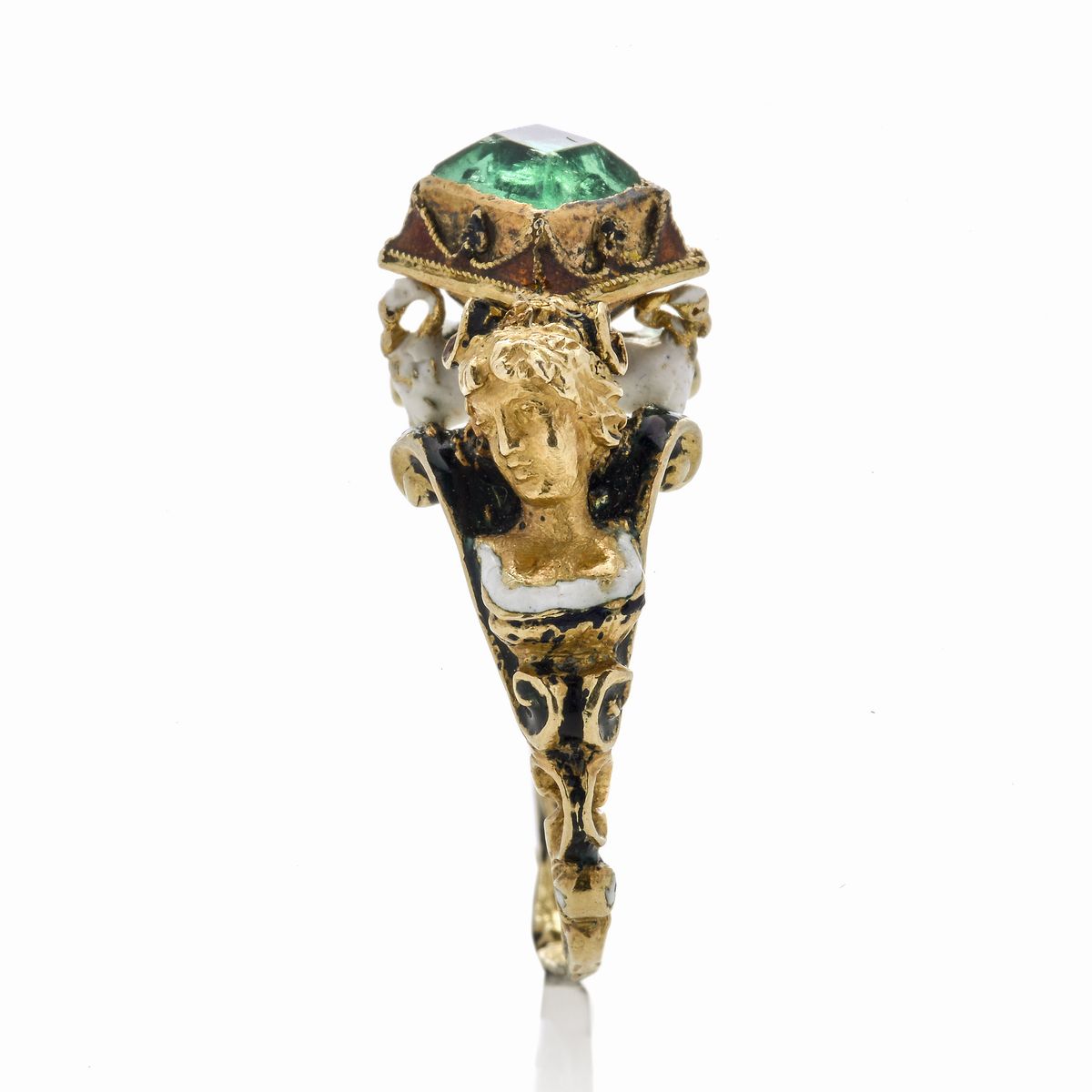 Raro Anello in Oro Giallo, Smeraldo e Smalti Colorati