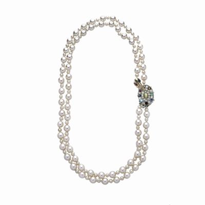 Girocollo in Perle Coltivate, Oro Bianco 14kt , Diamanti, Rubini, Zaffiri, Turchesi e Pietra di L...