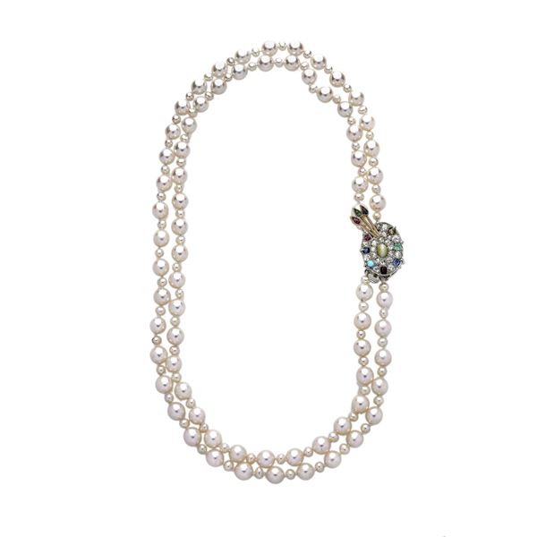 Girocollo in perle coltivate, oro bianco 14kt , diamanti, rubini, zaffiri, turchesi e pietra di luna