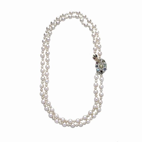 Crew-neck in cultivated pearls, white gold, diamonds, rubies, sapphires, turquoise and moon stone