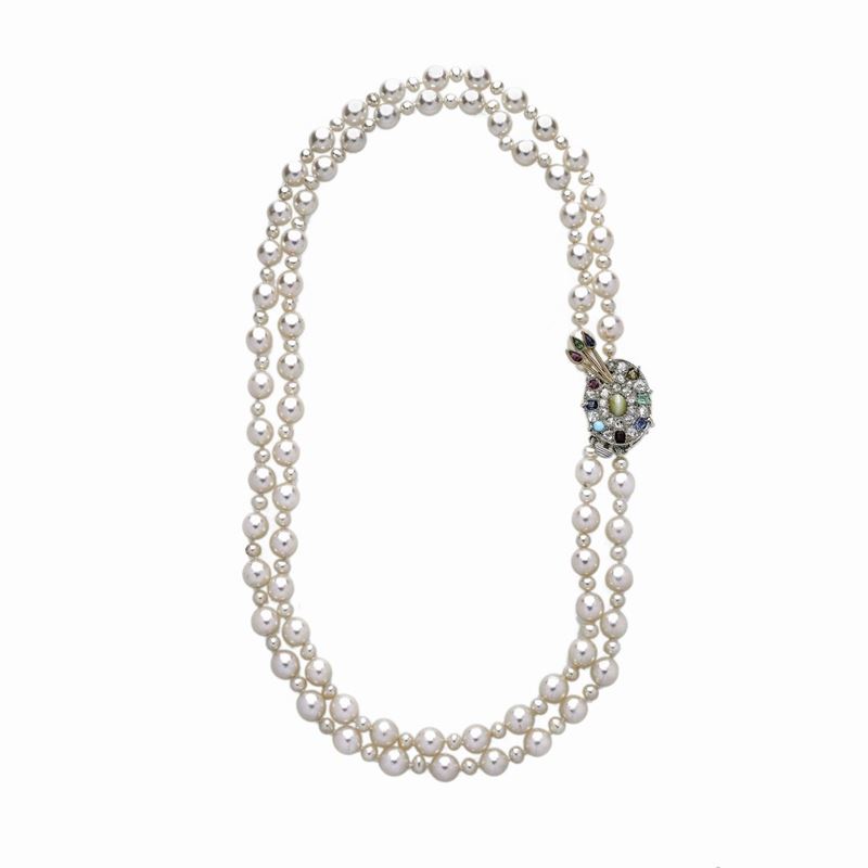 Girocollo in Perle Coltivate, Oro Bianco 14kt , Diamanti, Rubini, Zaffiri, Turchesi e Pietra di L...