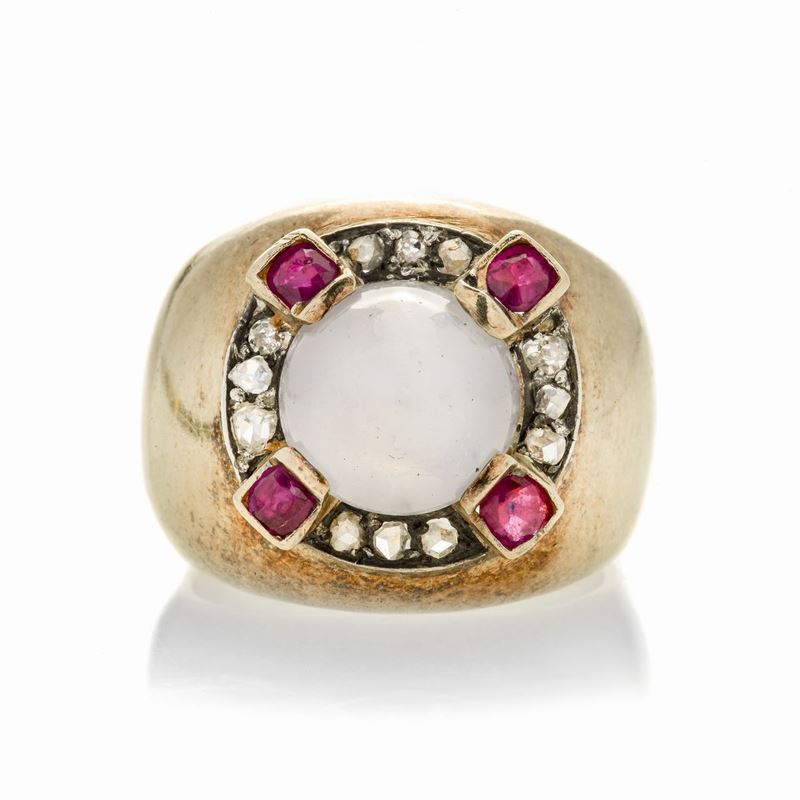 Anello da Mignolo in Oro Giallo, Diamanti, Rubini e Zaffiro Stellato