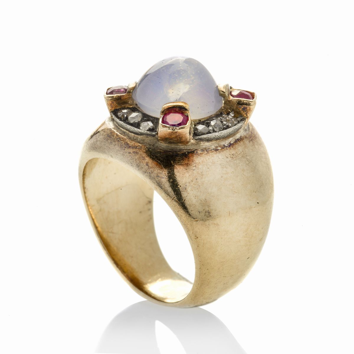 Anello da Mignolo in Oro Giallo, Diamanti, Rubini e Zaffiro Stellato