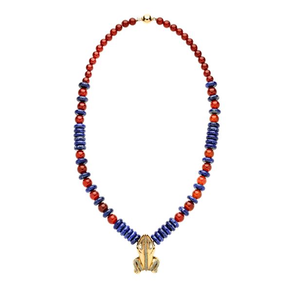 Necklace in yellow gold, lapis lazuli and carnelian