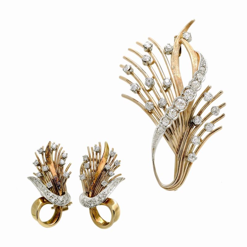 Parure composta da spilla e paio di orecchini in oro rosa, oro bianco e diamanti