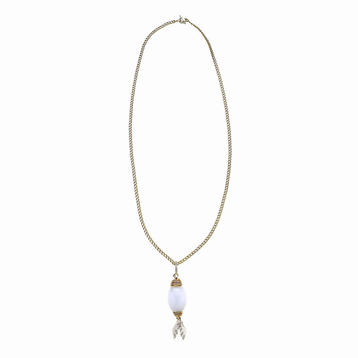 Lunga Collana in Oro Giallo, Diamanti e Calcedonio