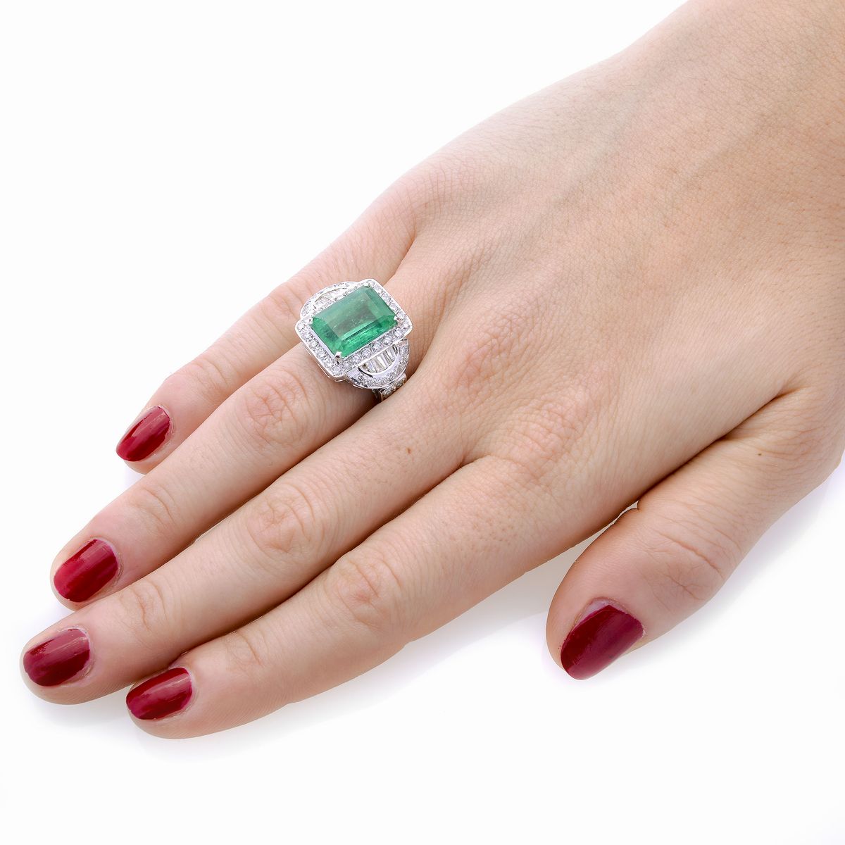 Anello in Oro Bianco, Diamanti e Smeraldo