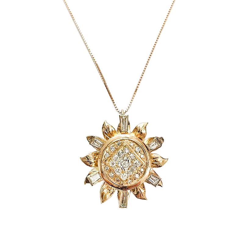 Pendente Girasole in Oro Giallo, Oro a Basso Titolo e Diamanti