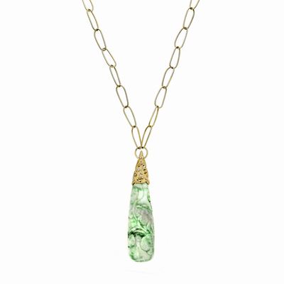 Lunga Collana in Oro Giallo con Pendente in Giada e Diamanti