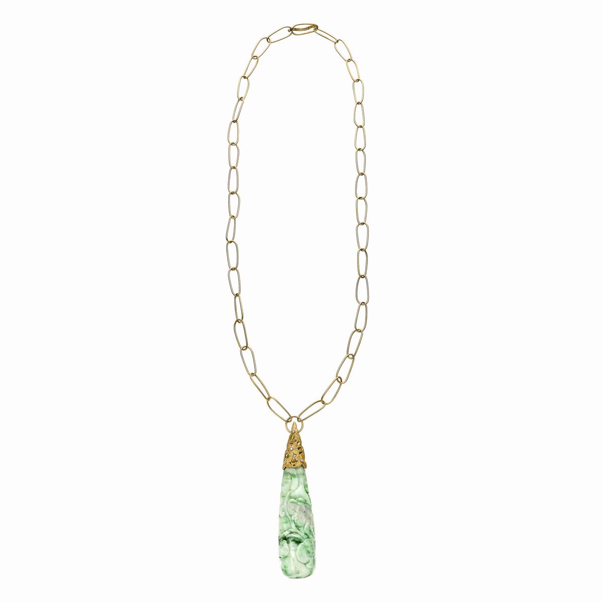 Lunga Collana in Oro Giallo con Pendente in Giada e Diamanti