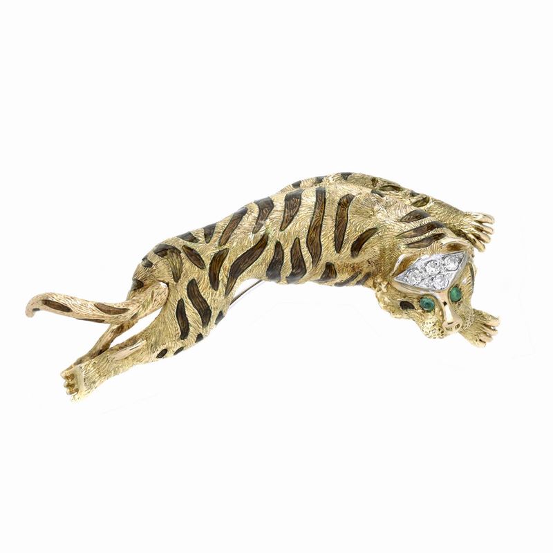 Clip Tigre in Oro Giallo, Oro Bianco, Smeraldi, Smalti e Diamanti