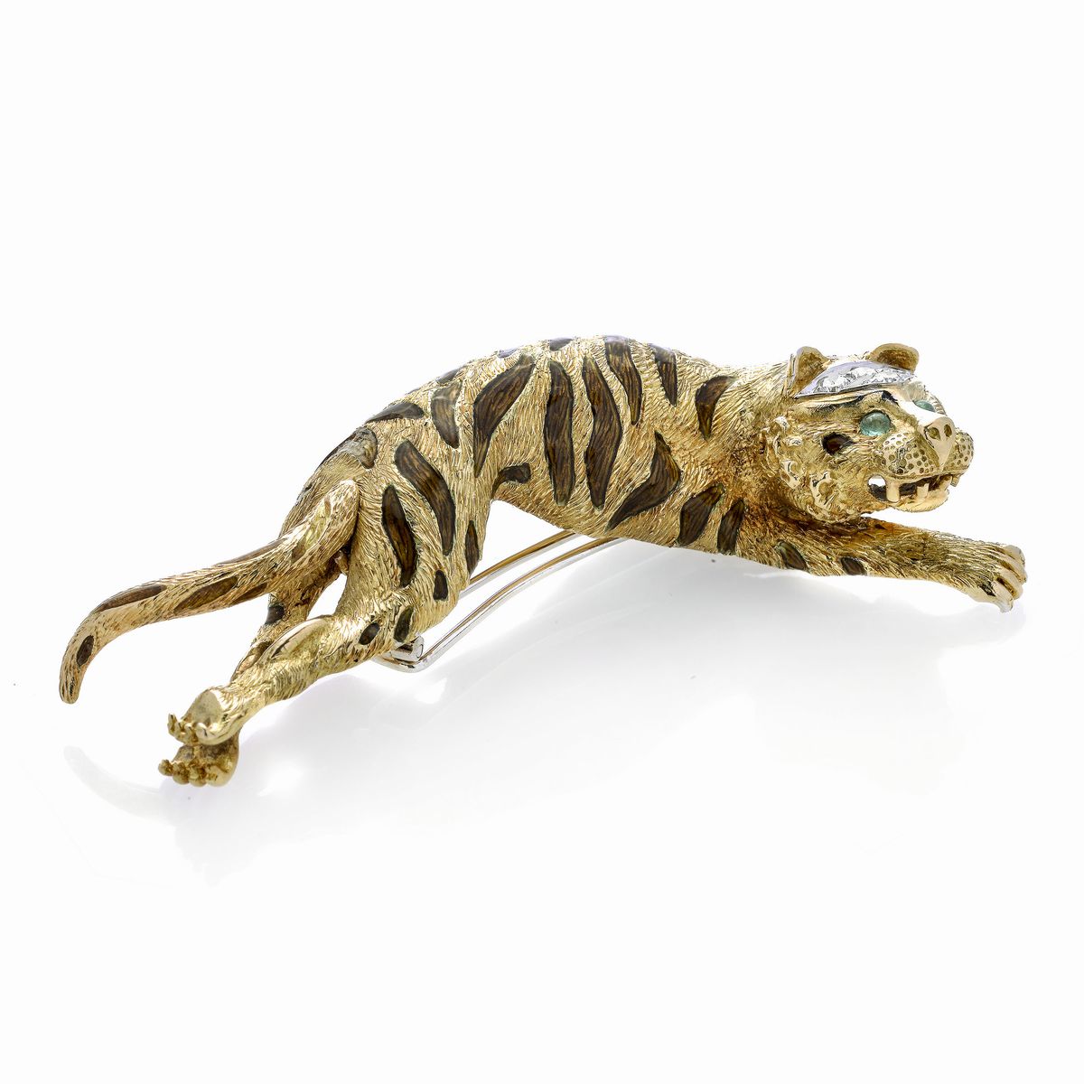 Clip Tigre in Oro Giallo, Oro Bianco, Smeraldi, Smalti e Diamanti
