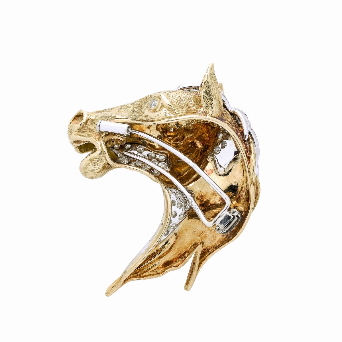 Clip Testa di Cavallo in Oro Giallo, Oro Bianco e Diamanti