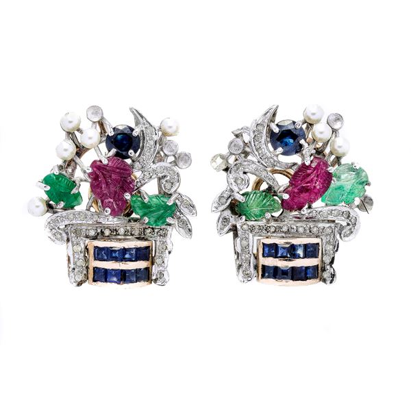 Tutti Frutti earrings in white gold, low gold, rubies, emeralds and sapphires, diamonds and micropea