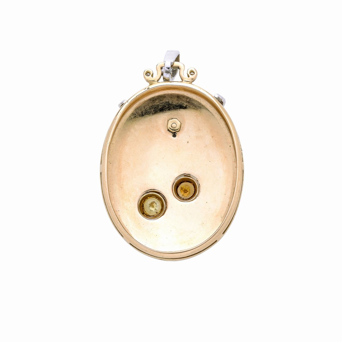Pendente in Oro Giallo, Oro Bianco, Smalto Rosa, Diamanti, Diamante Brown e Diamante Arancione