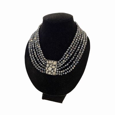 Collana Bijoux a Sei Fili in Pietre Color Grigio Fumè e Metallo Brunito