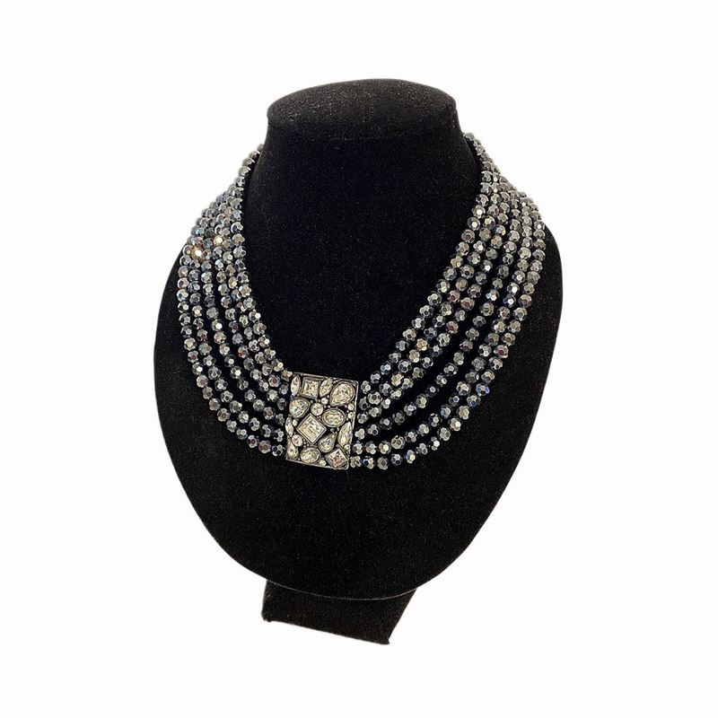 Kenneth Jay Lane - Collana Bijoux a Sei Fili in Pietre Color Grigio Fumè e Metallo Brunito
