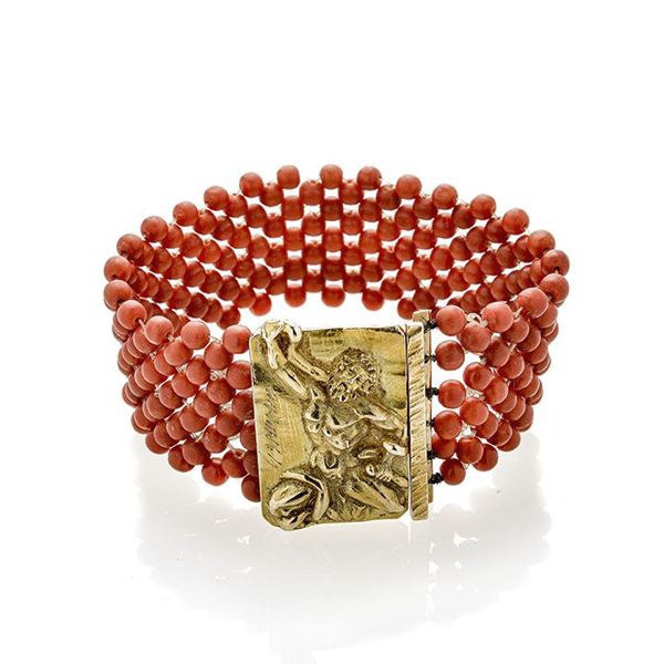 GERMANO - Bracelet in yellow gold and red coral