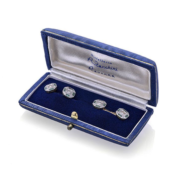 Paio di gemelli da donna in oro giallo, platino, diamanti e smeraldi