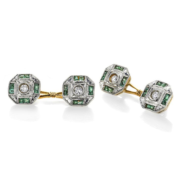 Paio di gemelli da donna in oro giallo, platino, diamanti e smeraldi