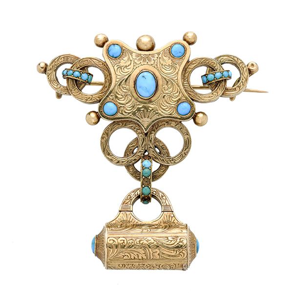 Pendant brooch in yellow gold and turquoise