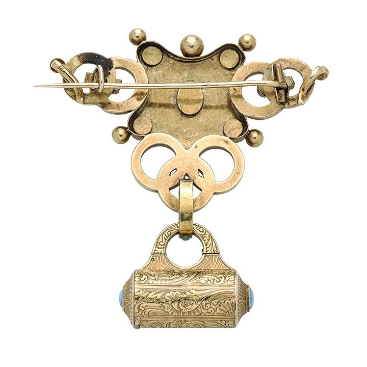 Spilla pendente in oro giallo e turchesi