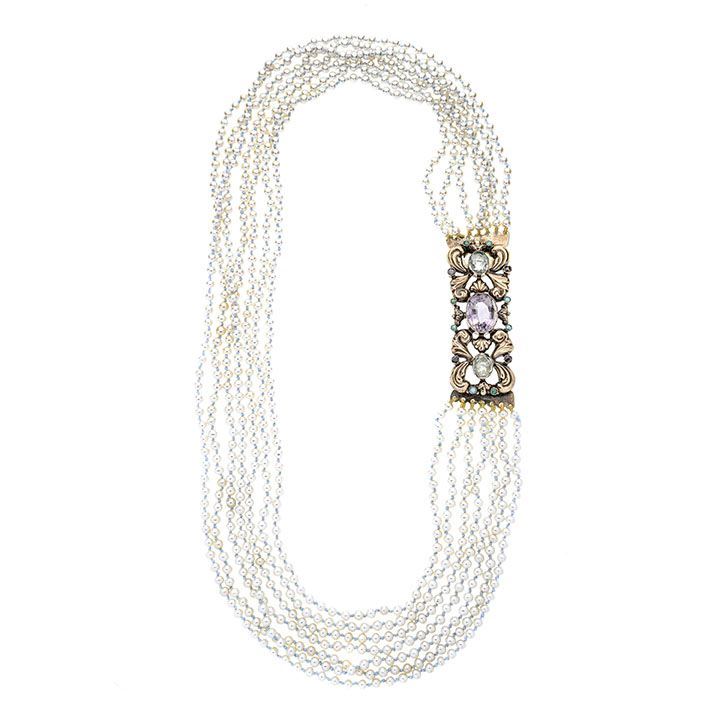 Collana in perle di fiume, oro a basso titolo, ametista e acquamarina