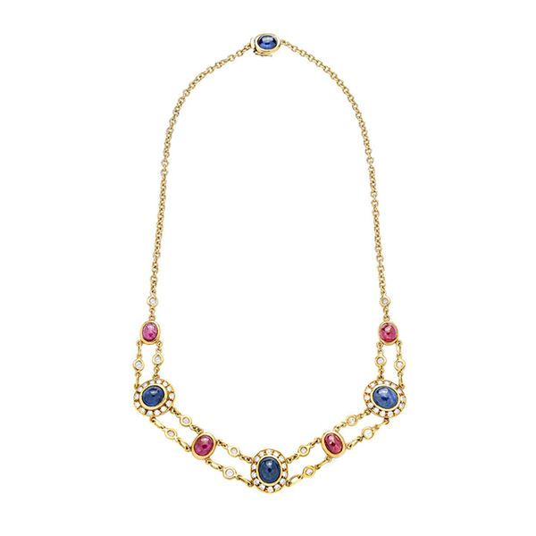 Necklace in yellow gold, diamonds, rubies and shappires