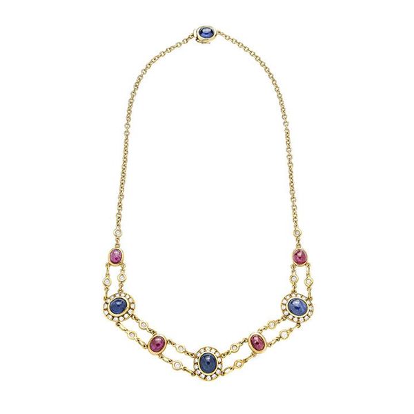 Necklace in yellow gold, diamonds, rubies and shappires