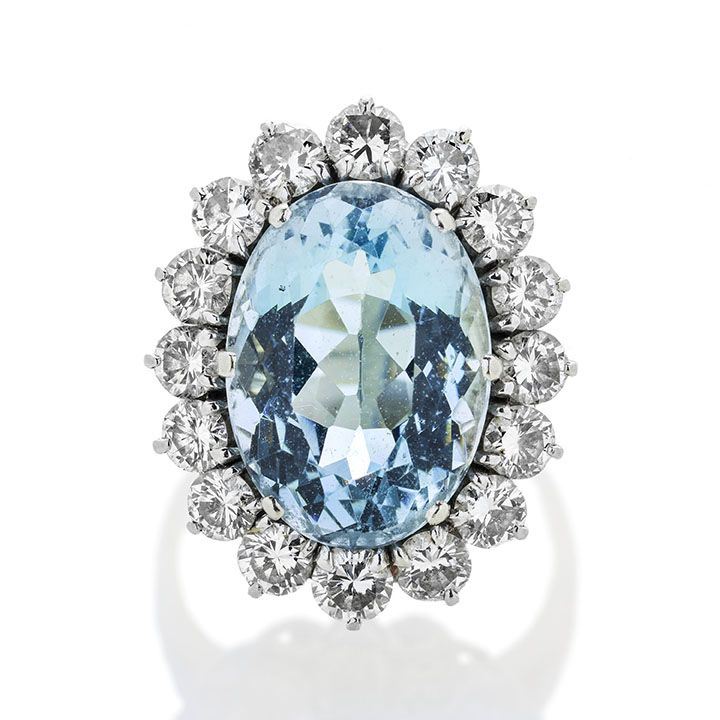 Anello in Oro Bianco, Diamanti e Acquamarina