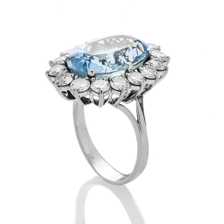 Anello in Oro Bianco, Diamanti e Acquamarina