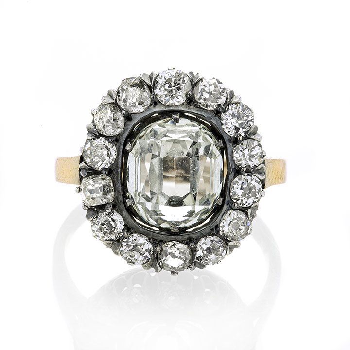 Anello a margherita in oro a basso titolo, argento, acquamarina e diamanti