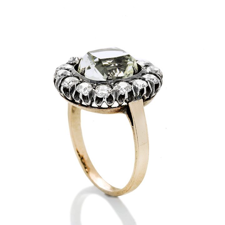 Anello a margherita in oro a basso titolo, argento, acquamarina e diamanti