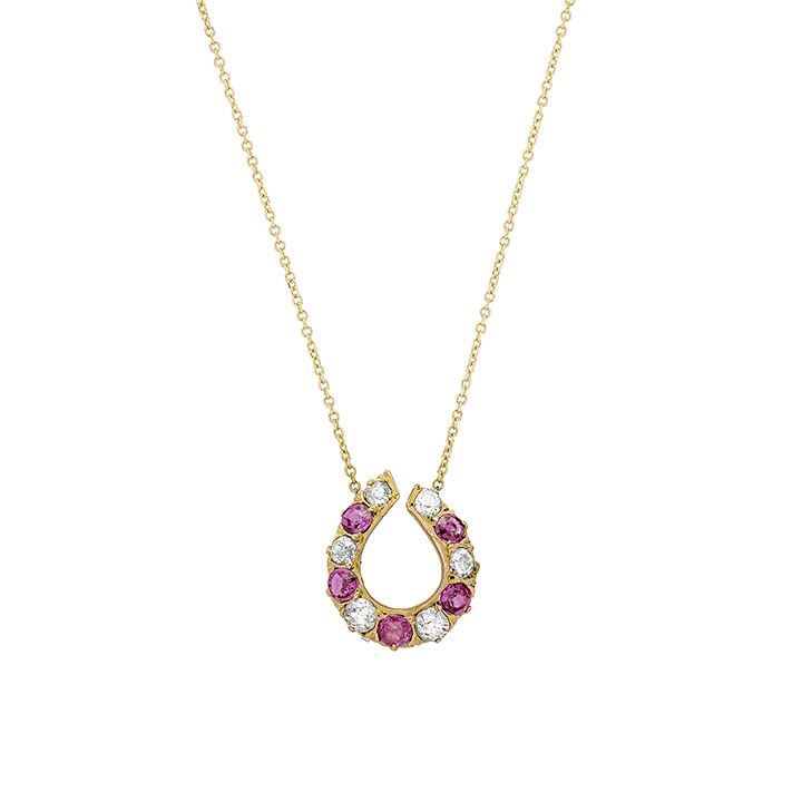 Collana in oro giallo, oro a basso titolo, rubini e diamanti