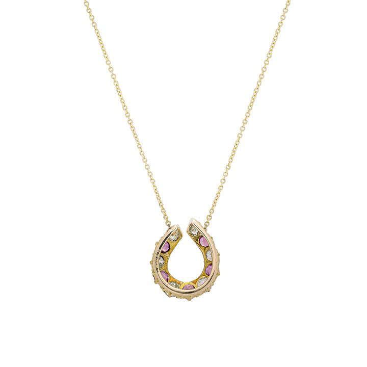 Collana in oro giallo, oro a basso titolo, rubini e diamanti