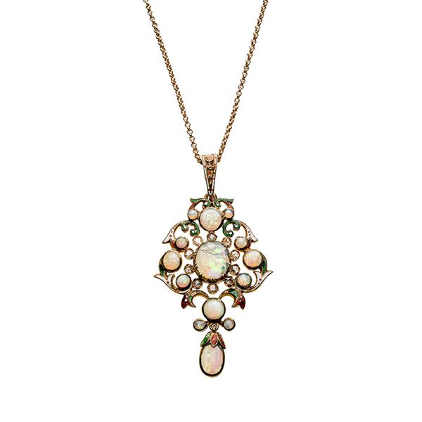 Pendant in yellow gold, low-titled gold, colored enamels, diamonds and opal