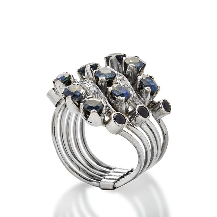 Anello in Oro 14 Kt, Diamanti e Zaffiri