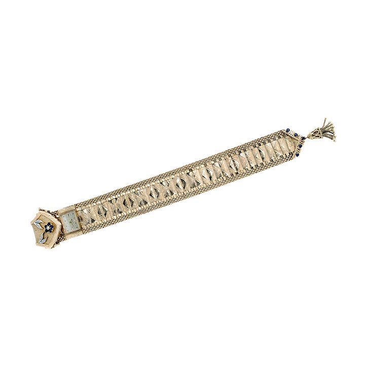 Bracciale orologio in oro 14 kt, oro bianco, diamanti e zaffiri
