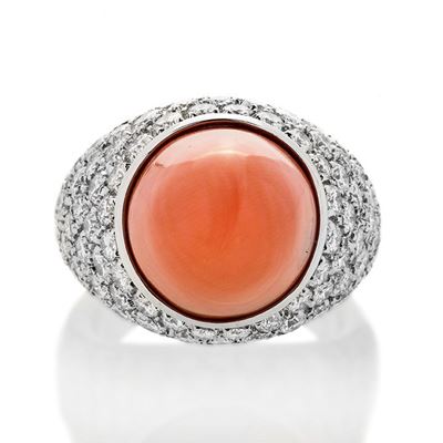 Anello in Oro Bianco, Diamanti e Corallo Rosa Chantecler