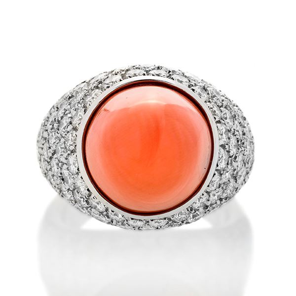 CHANTECLER - Ring in white gold, diamonds and pink coral Chantecler